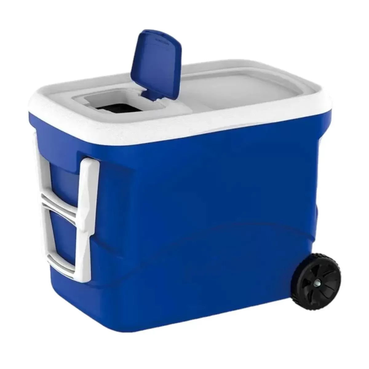 Cooler térmico com rodinhas e capacidade para até 50 latinhas com gelo.