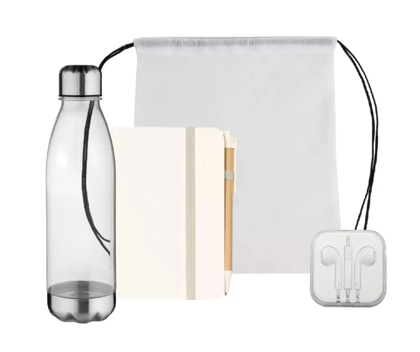 Kit  com Mochila Caderneta Ecológica Fone de Ouvido Estéreo e Squeeze